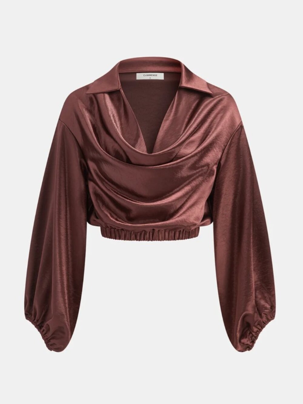 COMMENSE Satin Cowl Neck Cropped Cinched Blouse